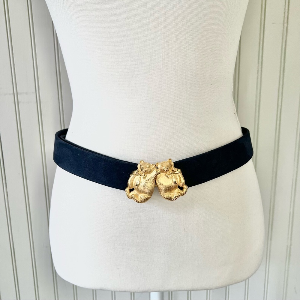 Vintage Teddy Bears Goldtone Metal Belt Buckle Navy Belt